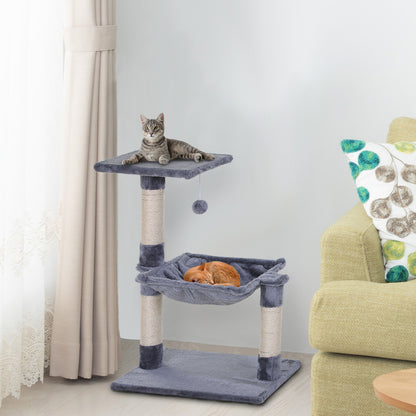 PawHut 70cm Cat Tree for Indoor Cats Durable Natural Sisal Scratching Posts Hammock Bed Kitty Activity Center Grey