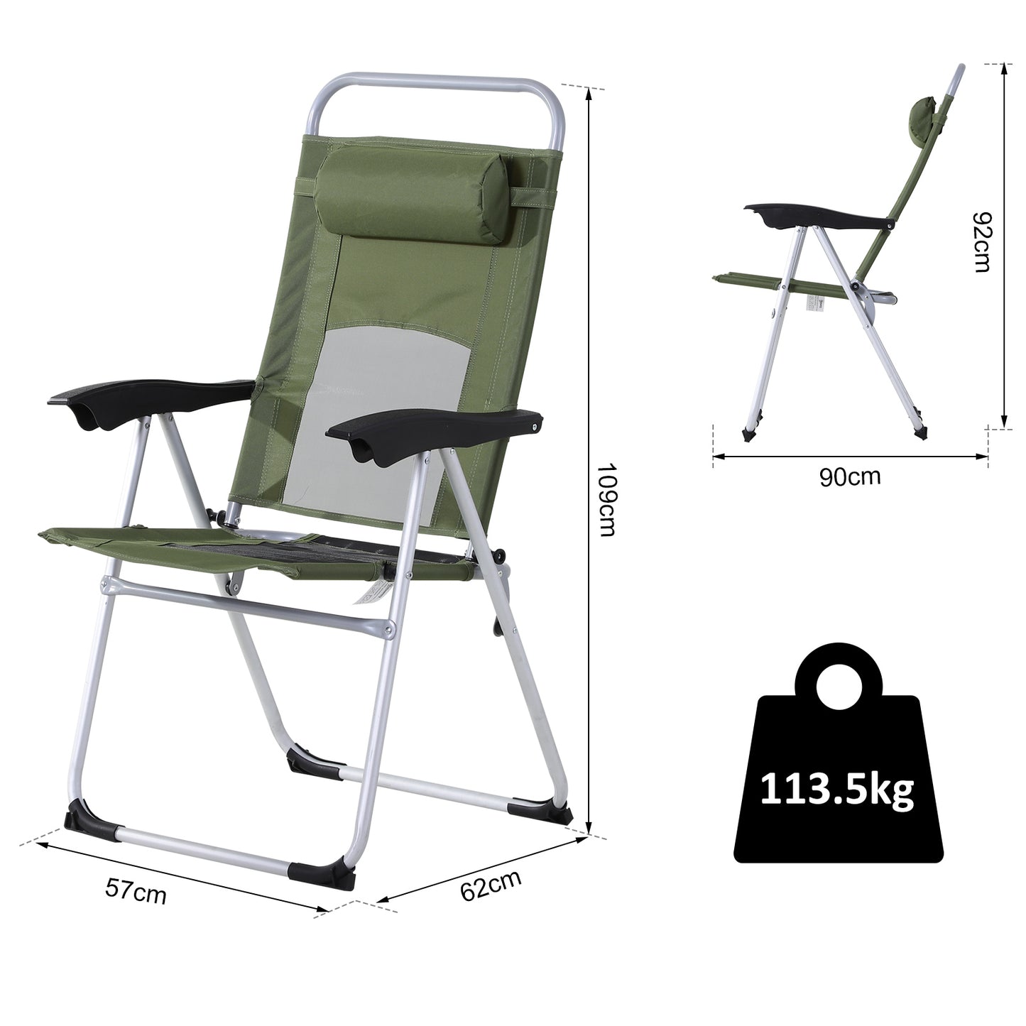 Outsunny Metal Frame 3-Position Adjustable Outdoor Garden Chair w/ Headrest Green