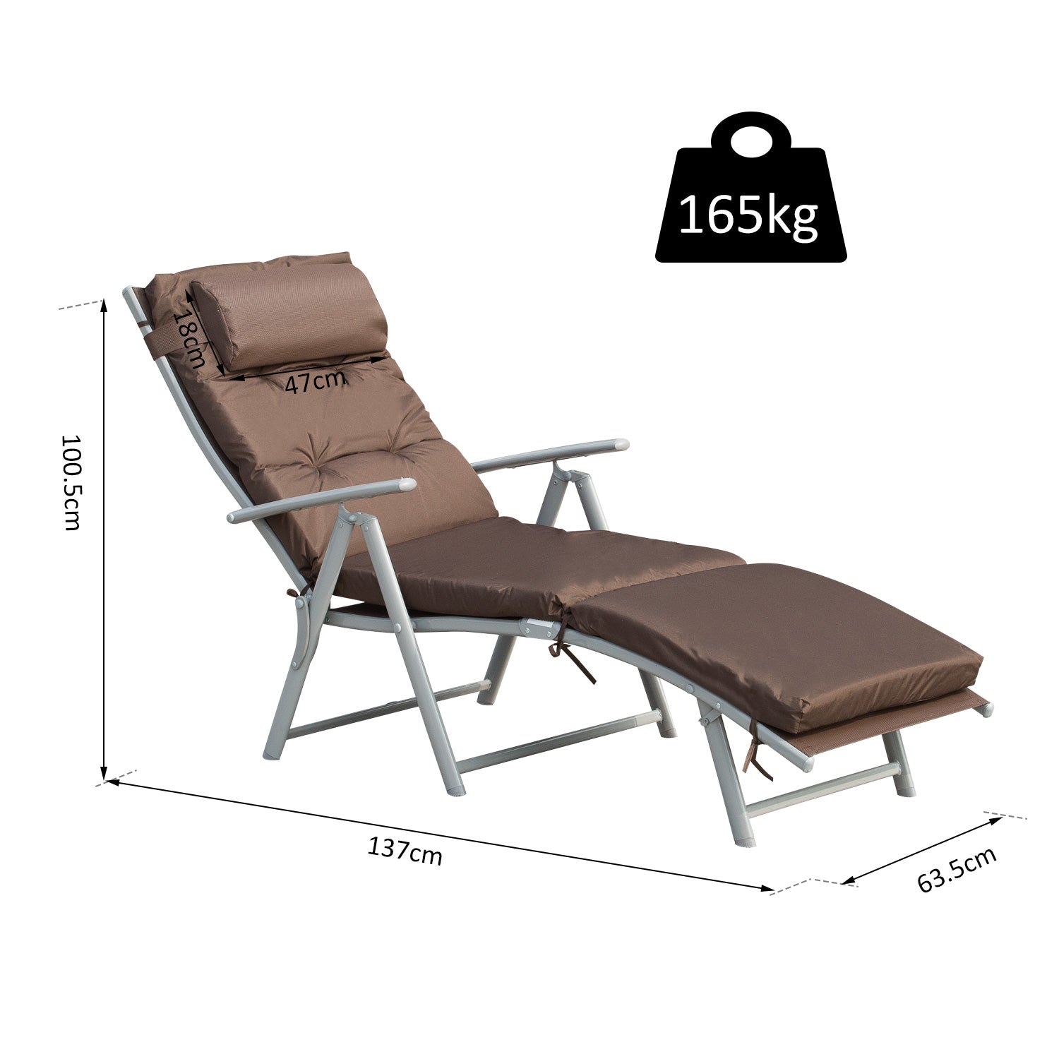 Outsunny Outdoor Patio Sun Lounger Garden Texteline Foldable Reclining Chair Pillow Adjustable Recliner with Cushion - Brown