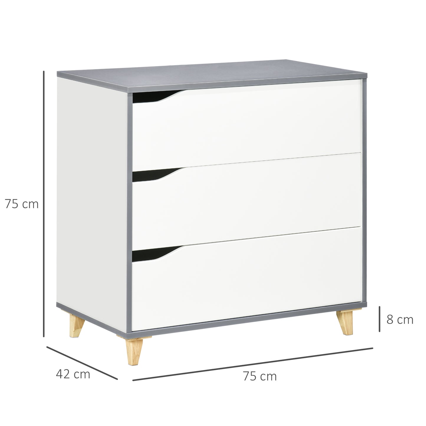 Homcom Drawer Chest 3-Drawer Storage Cabinet Unit With Pine Wood Legs For Bedroom Living Room 75cmx42cmx75cm White