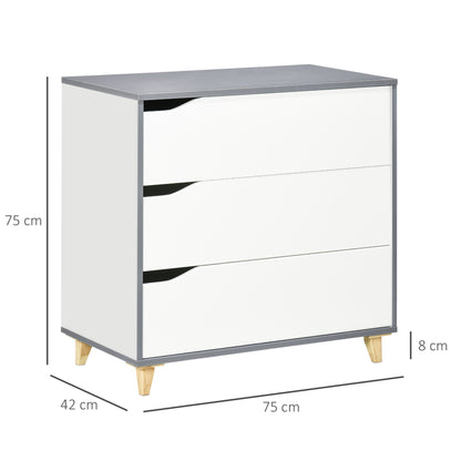 Homcom Drawer Chest 3-Drawer Storage Cabinet Unit With Pine Wood Legs For Bedroom Living Room 75cmx42cmx75cm White