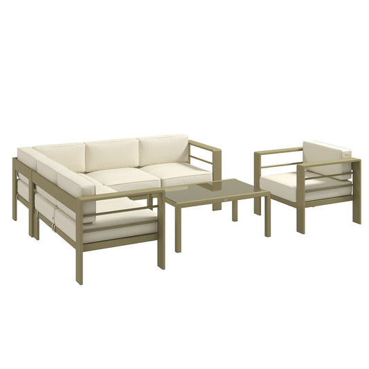 5-Piece Garden Sofa Set with Cushions, Aluminium Garden Furniture Sets with Glass Top Coffee Table, Patio Sectional Furniture Set, for Patio & Deck, Gold Tone-0