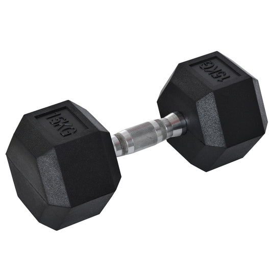 Homcom 15KG Single Rubber Hex Dumbbell Portable Hand Weights Dumbbell Home Gym