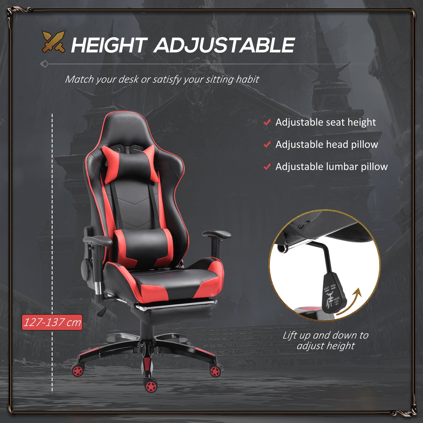 Homcom High-Back Gaming Chair Swivel Home Office Computer Racing Gamer Recliner Chair Faux Leather with Footrest