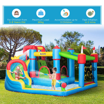 Outsunny 5 in 1 Kids Bounce Castle Large Castle Style Inflatable House Slide Trampoline Pool Water Gun Climbing Wall with Inflator Carrybag Patches for Kids Age 3-8