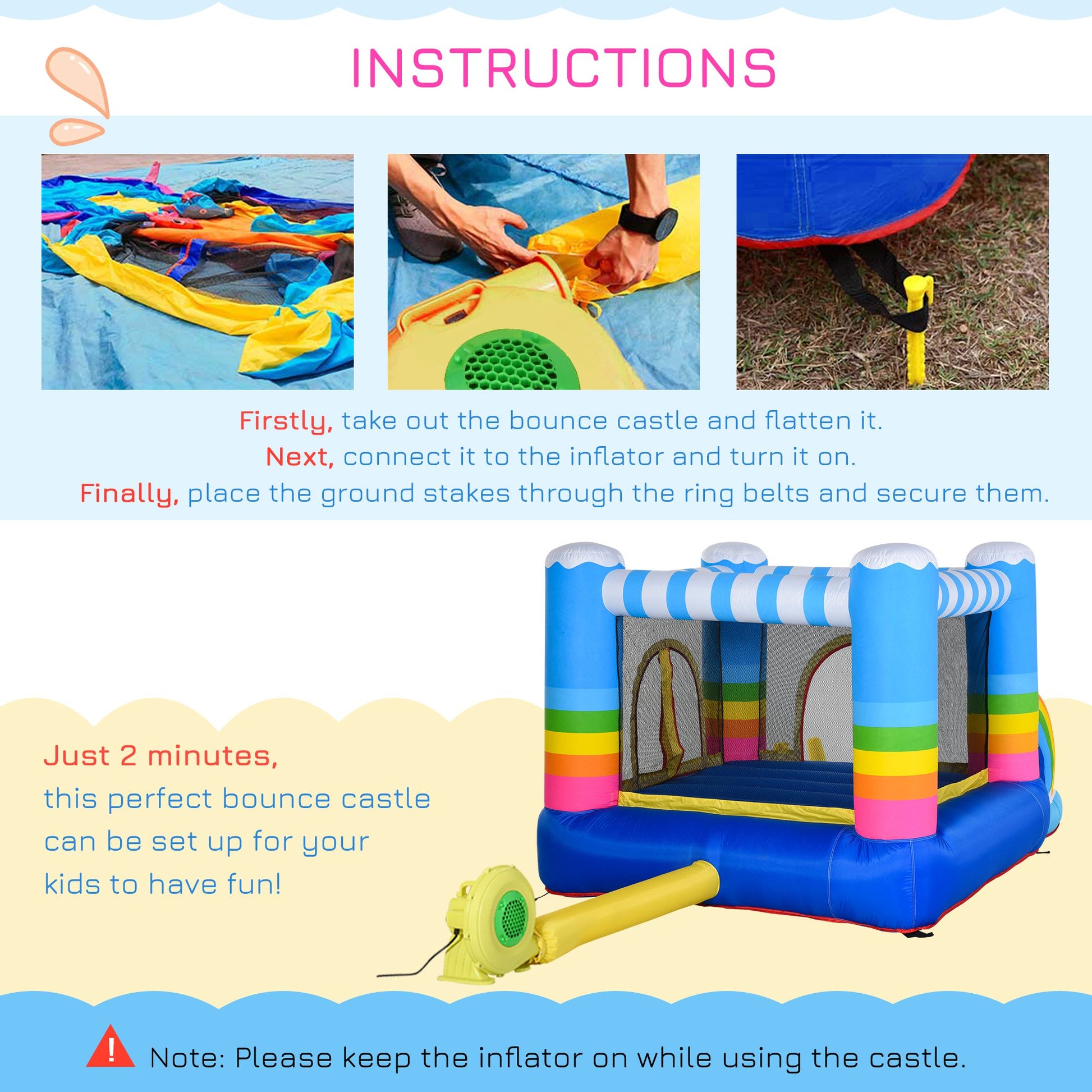 Outsunny Kids Rainbow Bouncy Castle & Pool House Inflatable Trampoline w/ Blower Pump Outdoor Play Garden Activity Exercise Fun 3-8 Years 2.8 x 1.7 x 1.55m