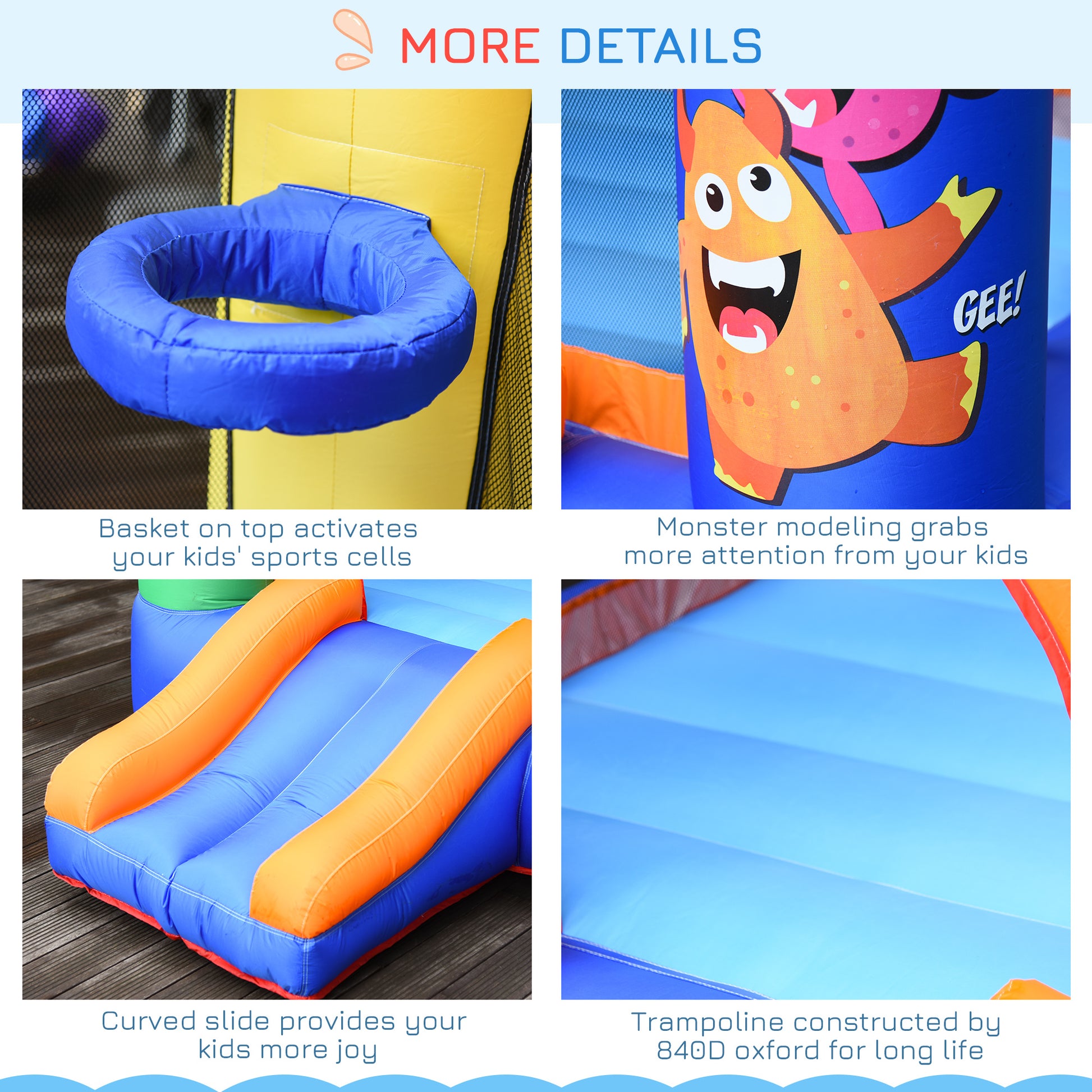 Outsunny Bouncy Castle Inflatable Basket Trampoline Slide Monster Design 180 x 250 x 175 (CM)