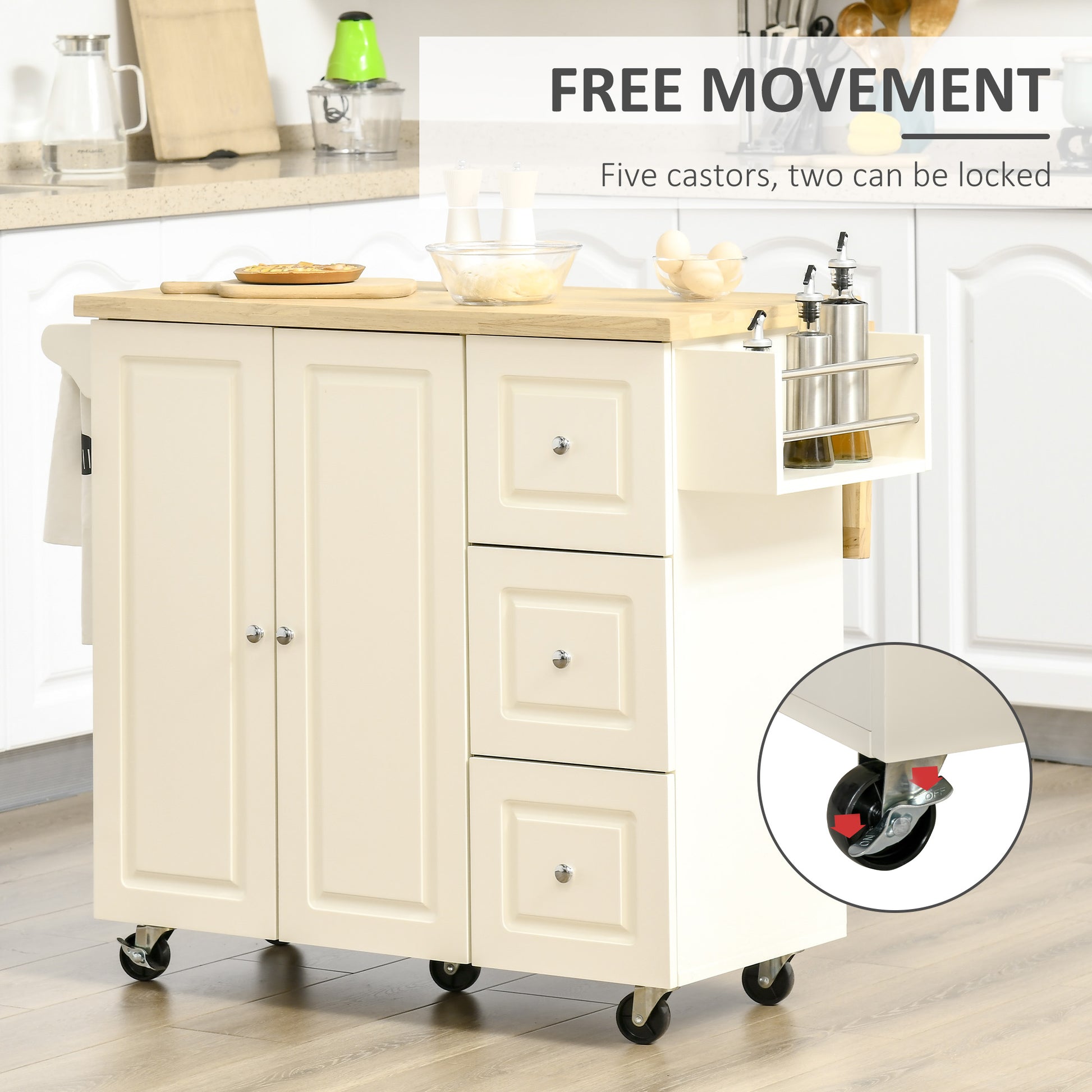 Homcom Drop-Leaf Kitchen Island on Wheels Utility Storage Cart with Drawers & Cabinet for Kitchen