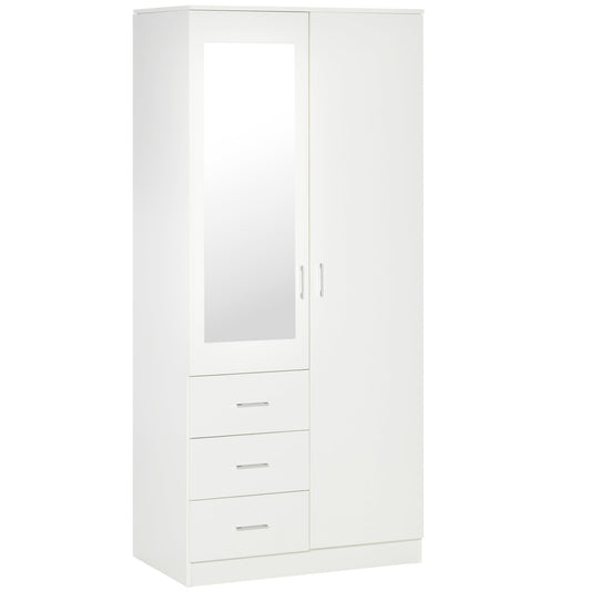 Modern Mirror Wardrobe 2 Door Storage Cupboards Home Storage Organisation Furniture with Adjustable Shelf, 3 Drawers, 80W x 50D x 180Hcm-Whit-0