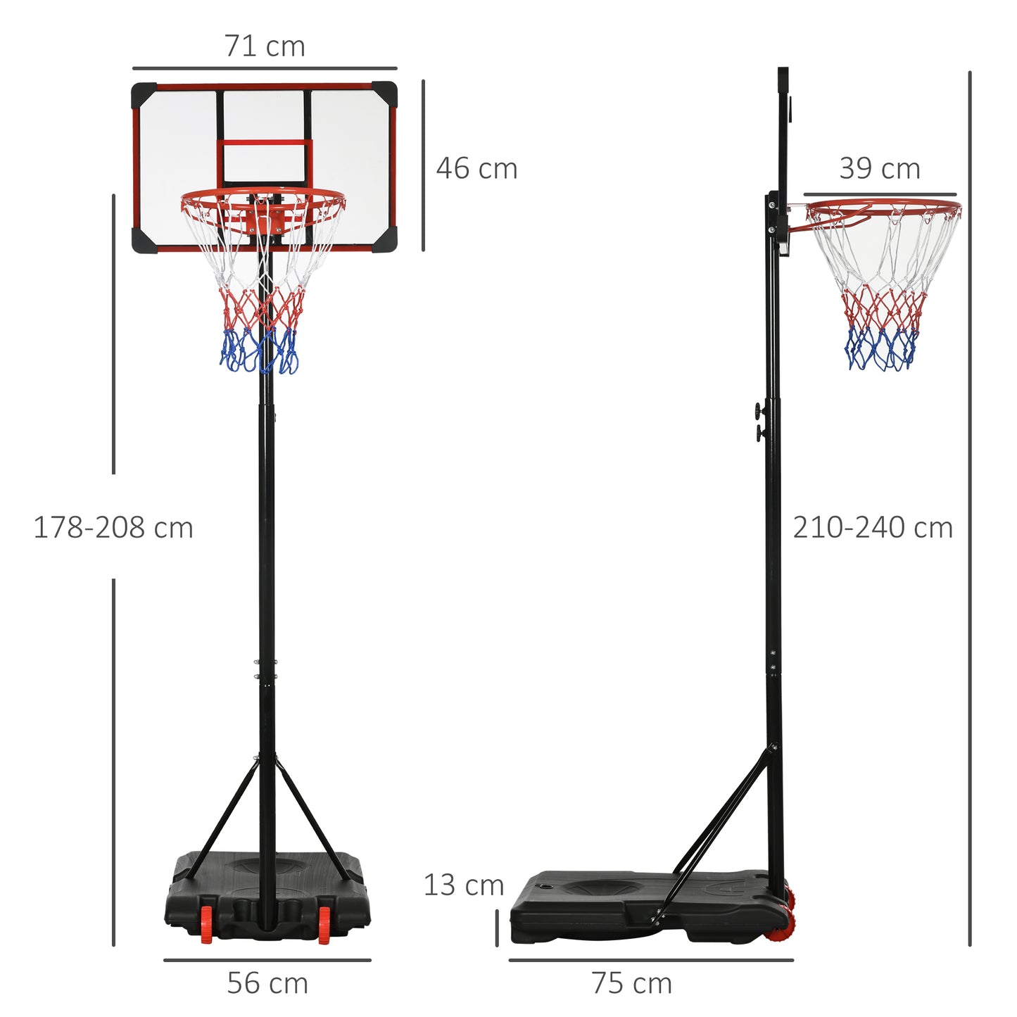 1.7 to 2M Adjustable Free Standing Basketball Hoop Weighted Base With Transit Wheels Black & Red by Sportnow