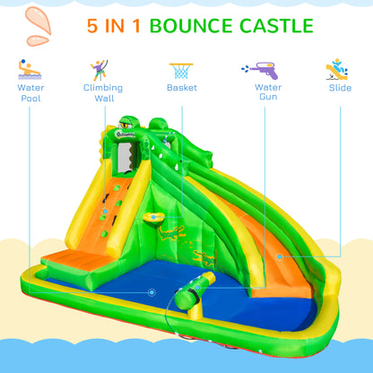 Outsunny 5 in 1 Kids Bouncy Castle Large Crocodile Style Inflatable House Slide Basket Water Pool Gun Climbing Wall with Blower Carrybag for Kids Age 3-8