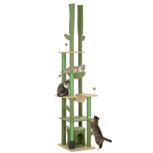 225-255cm Height Adjustable Floor to Ceiling Cat Tree, Tall Cat Tower for Indoor Cats w/ Scratching Posts - Green-0