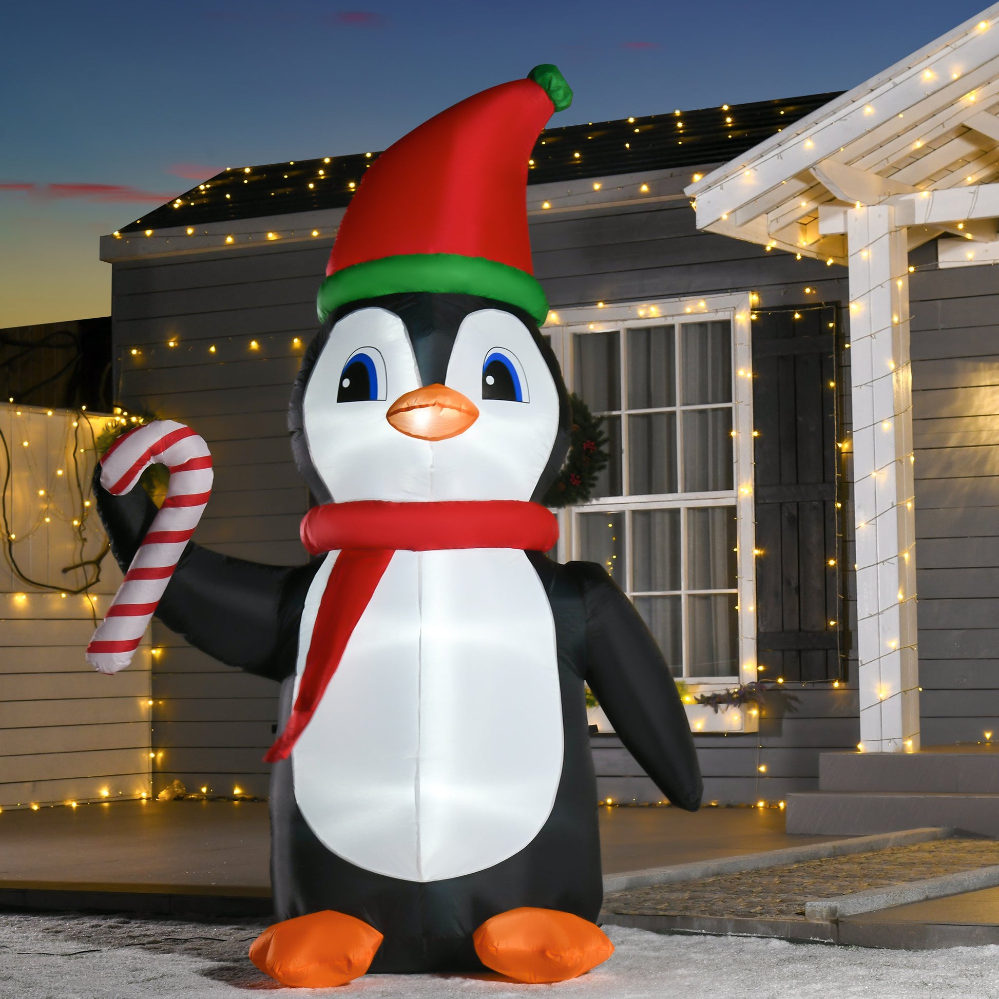 Homcom 2.5m Inflatable Christmas Penguin Holding Candy Cane Built-in LED for Party