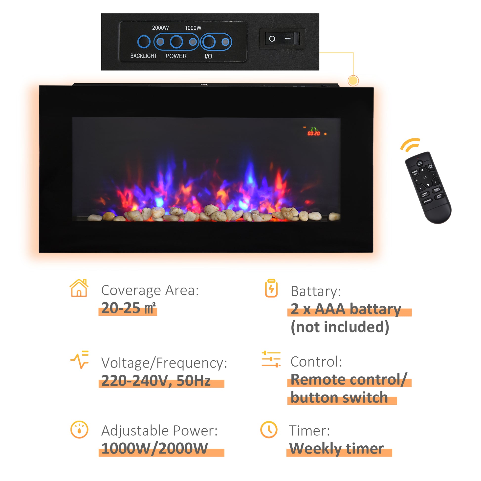 Homcom 2000W Wall Mounted Tempered Large LED Flat Glass Electric Fireplace Heater Black