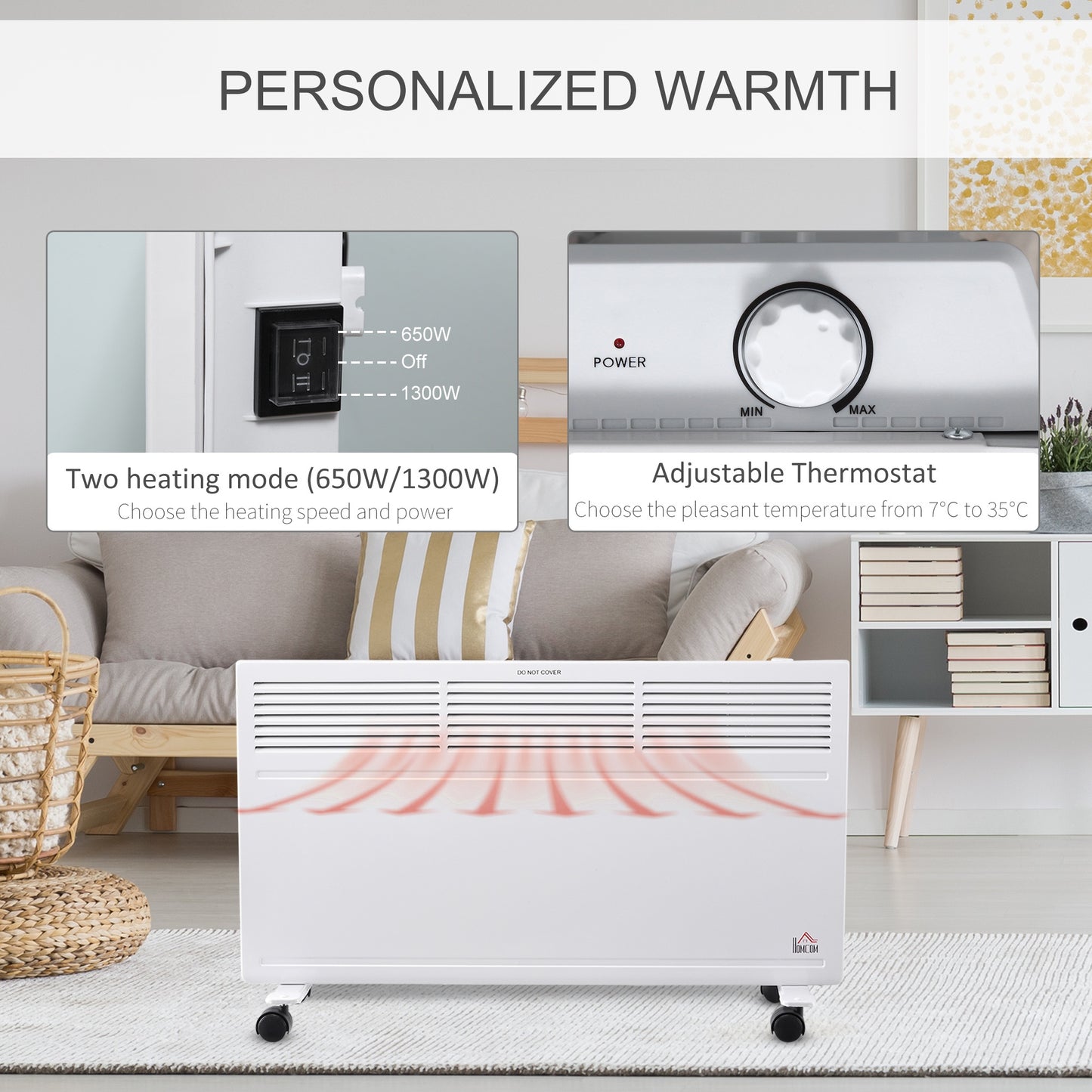 Homcom Convector Radiator Heater Freestanding or Wall-mounted Portable Electric Heating with 2 Heat Settings