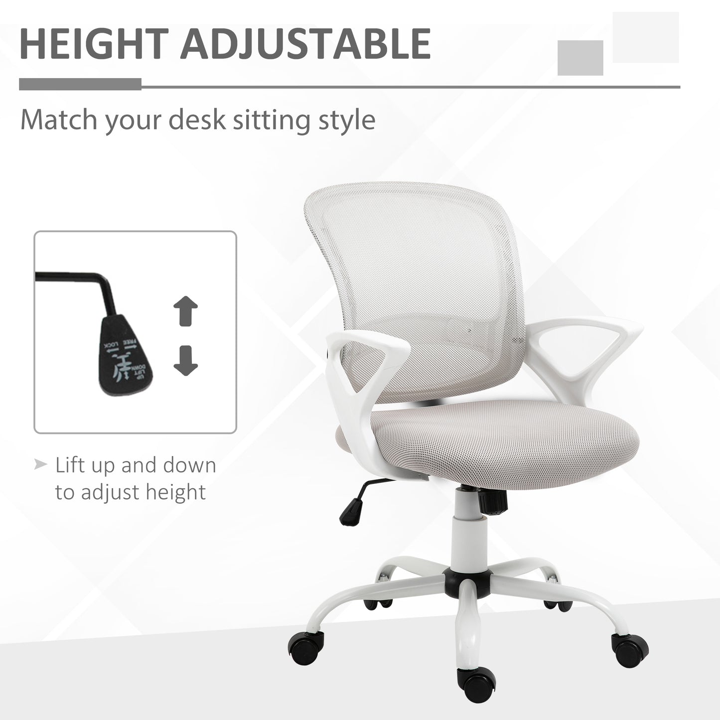 Vinsetto Office Chair Mesh Swivel Desk Chair With Lumbar Back Support Adjustable Height Armrests Grey