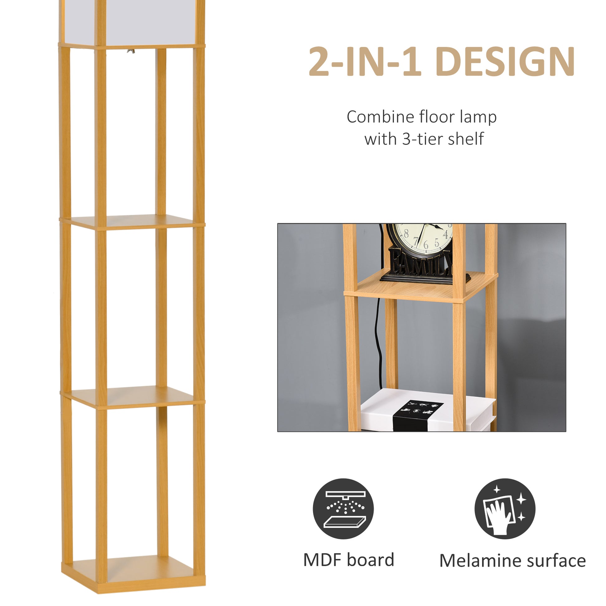 Homcom 4-Tier Floor Lamp Standing Lamp with Storage Shelf for Home Office Dorm Natural