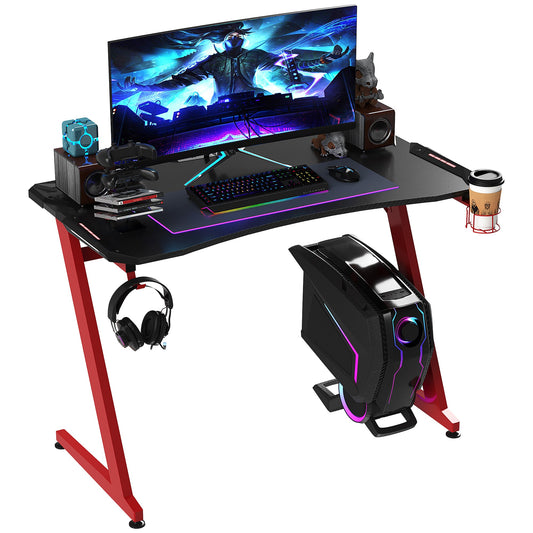 122 x 66 cm Gaming Desk, Carbon Fibre Covered Computer Desk, Gamer Workstation with Headphone Hook, Cup Holder and Gamepad Storage Rack, Black and Red-0