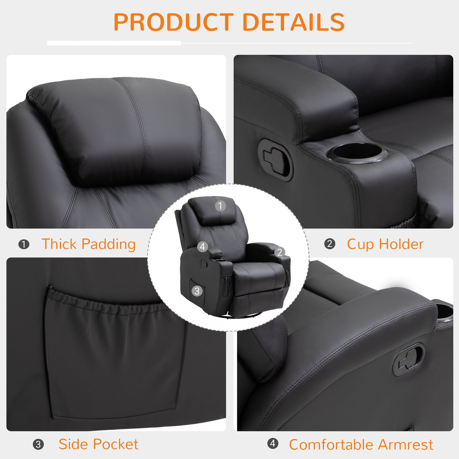 Homcom Recliner Armchair Massage Swivel PU Leather Reclining Chairs with Adjustable Leg Rest