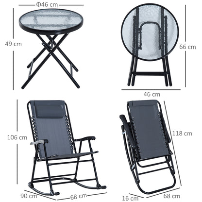 Outsunny 3 Piece Outdoor Rocking Set with 2 Folding Chairs and 1 Tempered Glass Table