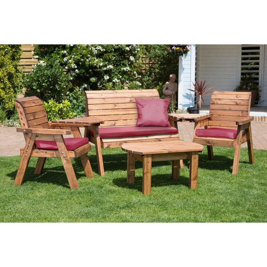 Scandinavian Redwood Garden Patio Dining Set by Charles Taylor - 4 Seats Burgundy Cushions - Croft Home & Garden