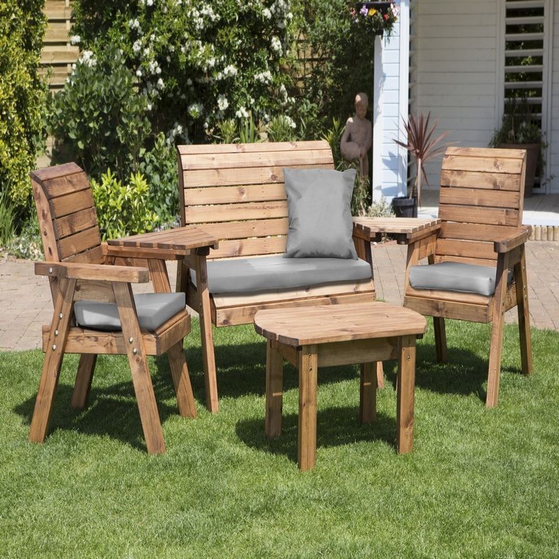 Scandinavian Redwood Garden Patio Dining Set by Charles Taylor - 4 Seats Grey Cushions - Croft Home & Garden