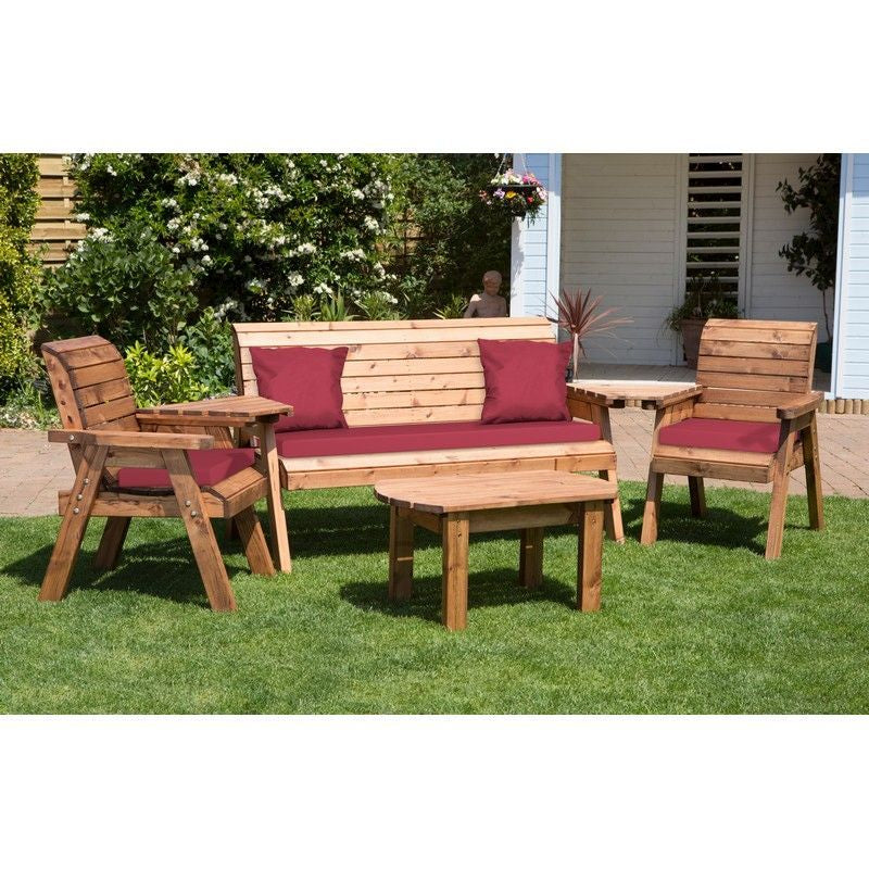 Scandinavian Redwood Garden Patio Dining Set by Charles Taylor - 5 Seats Burgundy Cushions - Croft Home & Garden