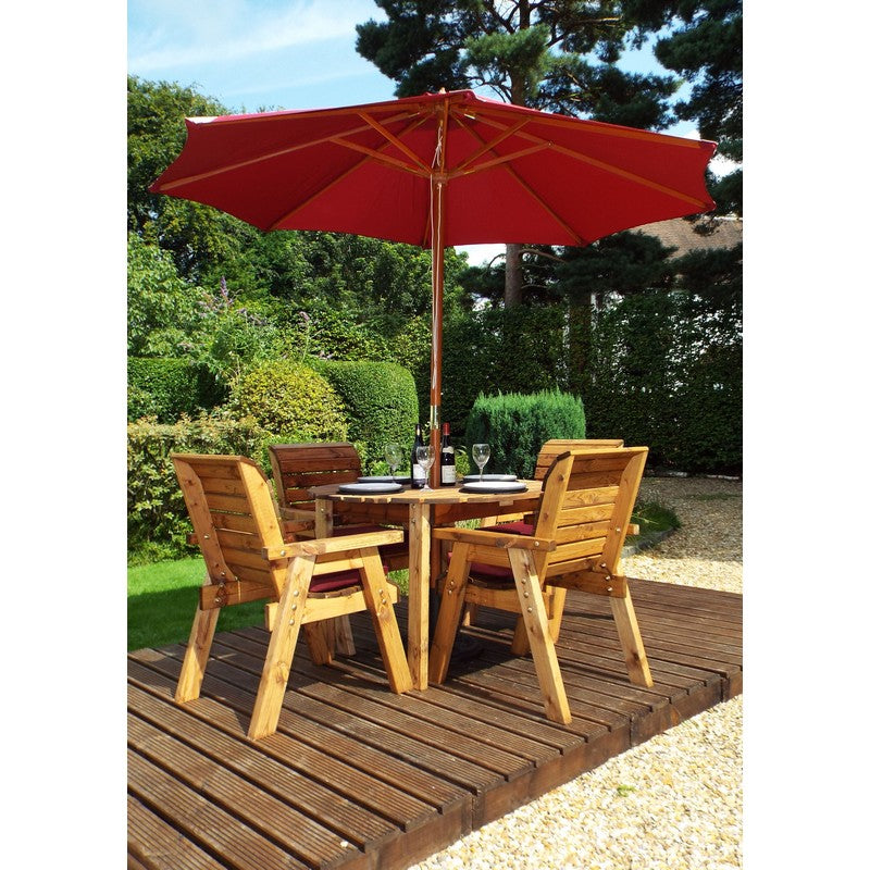 Scandinavian Redwood Garden Patio Dining Set by Charles Taylor - 4 Seats Burgundy Cushions - Croft Home & Garden