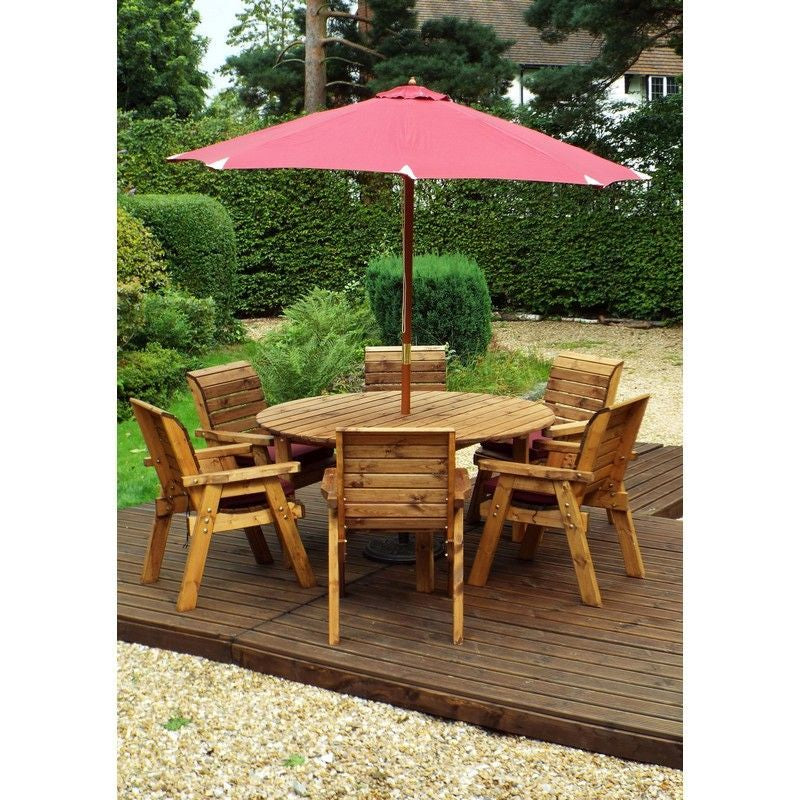 Scandinavian Redwood Garden Patio Dining Set by Charles Taylor - 6 Seats Burgundy Cushions - Croft Home & Garden