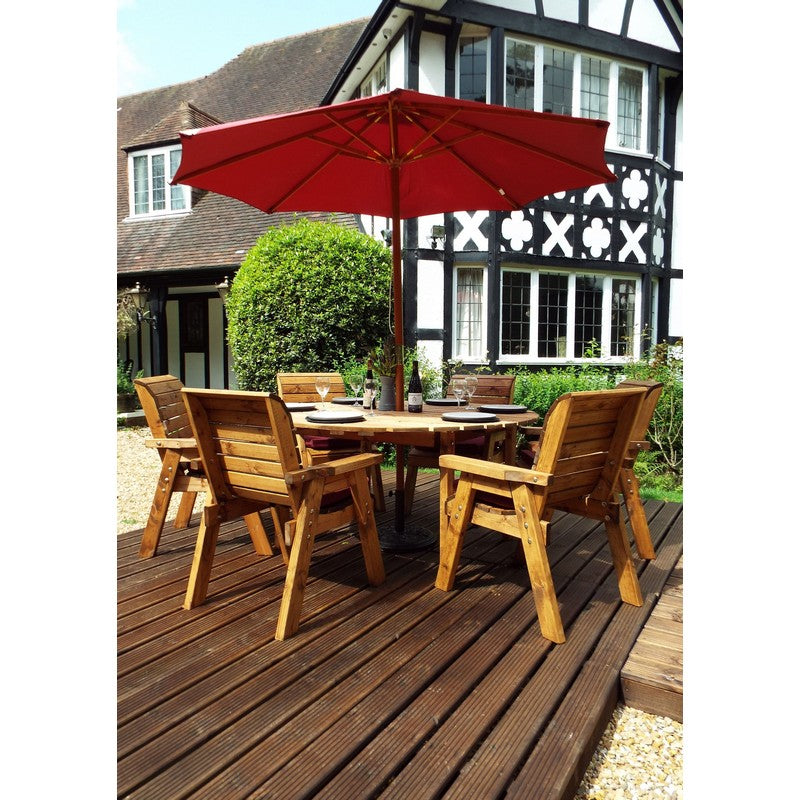 Scandinavian Redwood Garden Patio Dining Set by Charles Taylor - 6 Seats Burgundy Cushions - Croft Home & Garden