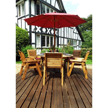 Scandinavian Redwood Garden Patio Dining Set by Charles Taylor - 6 Seats Burgundy Cushions - Croft Home & Garden