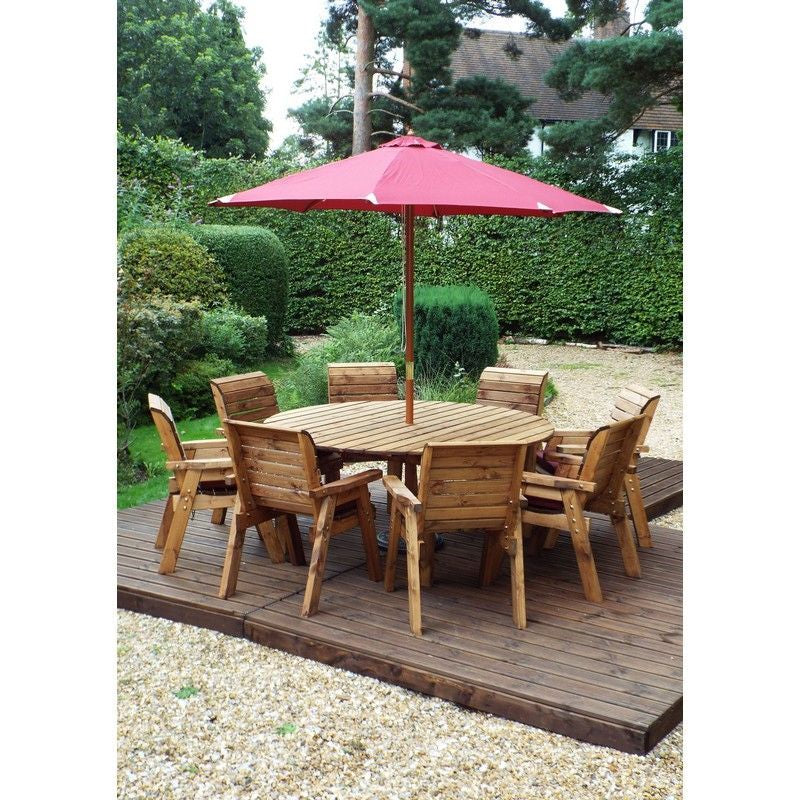 Scandinavian Redwood Garden Furniture Set by Charles Taylor - 8 Seats Burgundy Cushions - Croft Home & Garden