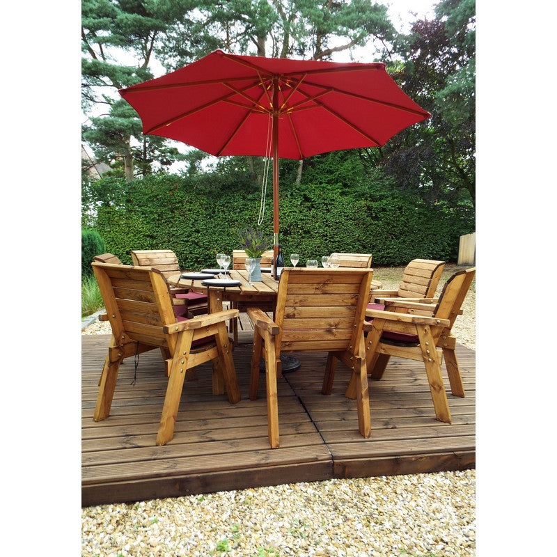 Scandinavian Redwood Garden Furniture Set by Charles Taylor - 8 Seats Burgundy Cushions - Croft Home & Garden