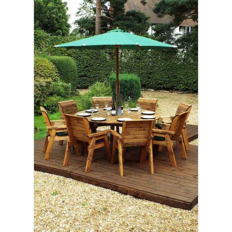 Scandinavian Redwood Garden Furniture Set by Charles Taylor - 8 Seats Green Cushions - Croft Home & Garden