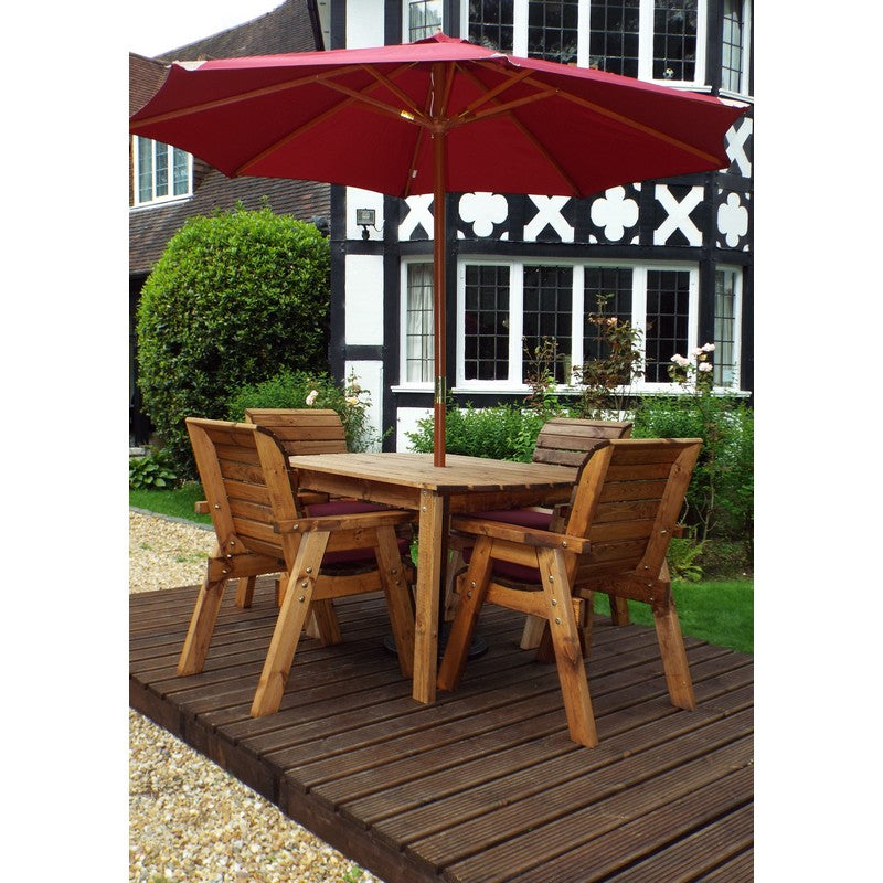 Scandinavian Redwood Garden Patio Dining Set by Charles Taylor - 4 Seats Burgundy Cushions - Croft Home & Garden