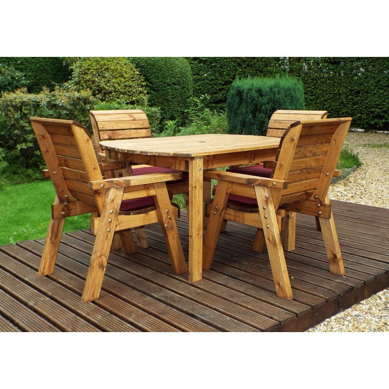 Scandinavian Redwood Garden Patio Dining Set by Charles Taylor - 4 Seats Burgundy Cushions - Croft Home & Garden