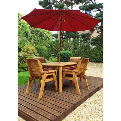 Scandinavian Redwood Garden Patio Dining Set by Charles Taylor - 4 Seats Burgundy Cushions - Croft Home & Garden