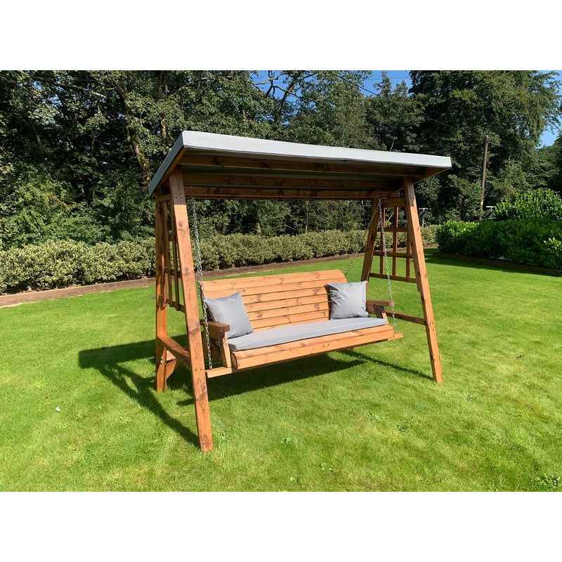 Scandinavian Redwood Garden Swing Seat by Charles Taylor - 3 Seats Grey Cushions