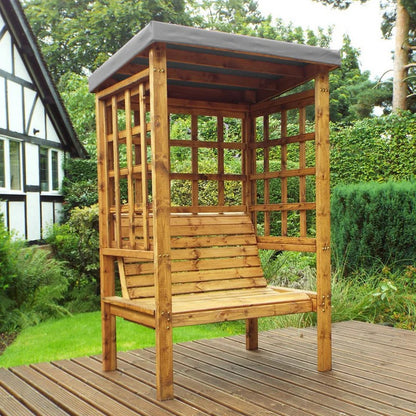 Scandinavian Redwood Garden Arbour by Charles Taylor - 2 Seat Grey Cushions