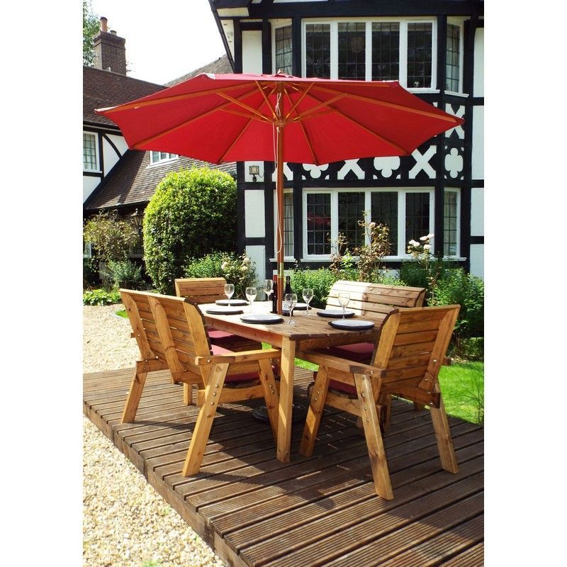 Scandinavian Redwood Garden Patio Dining Set by Charles Taylor - 6 Seats Burgundy Cushions - Croft Home & Garden