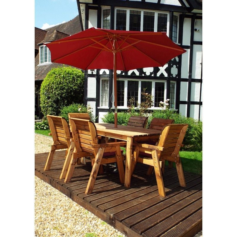 Scandinavian Redwood Garden Patio Dining Set by Charles Taylor - 6 Seats Burgundy Cushions - Croft Home & Garden