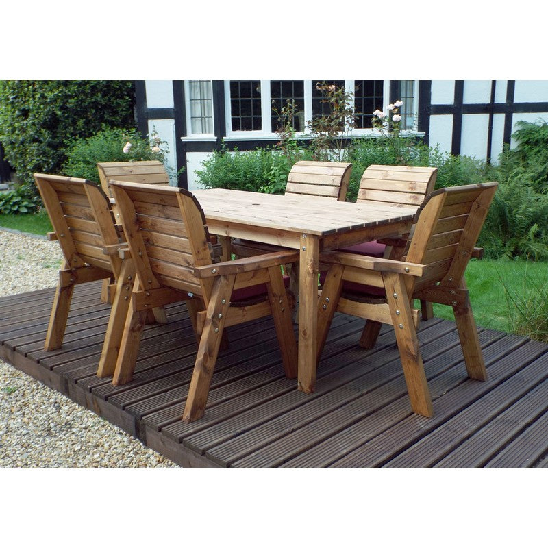 Scandinavian Redwood Garden Patio Dining Set by Charles Taylor - 6 Seats Burgundy Cushions - Croft Home & Garden