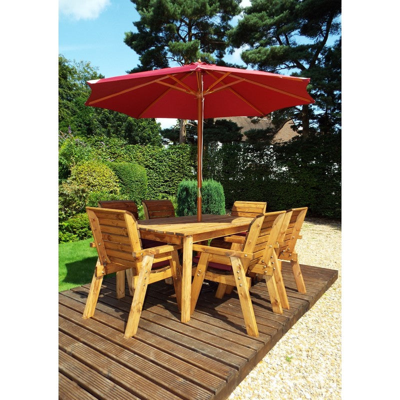 Scandinavian Redwood Garden Patio Dining Set by Charles Taylor - 6 Seats Burgundy Cushions - Croft Home & Garden