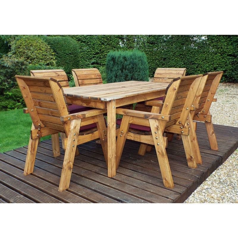 Scandinavian Redwood Garden Patio Dining Set by Charles Taylor - 6 Seats Burgundy Cushions - Croft Home & Garden