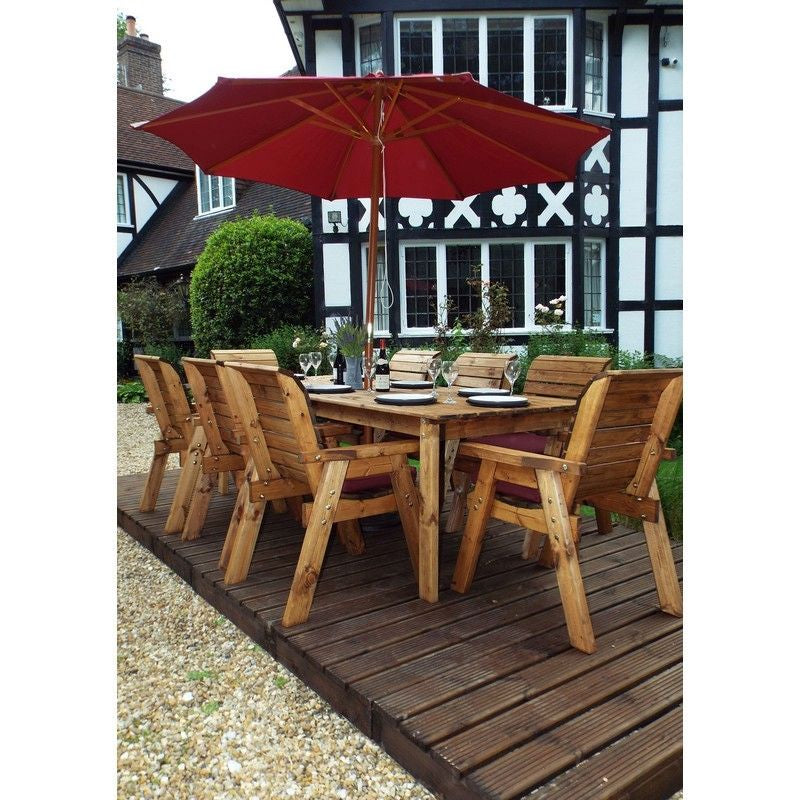 Scandinavian Redwood Garden Patio Dining Set by Charles Taylor - 8 Seats Burgundy Cushions - Croft Home & Garden