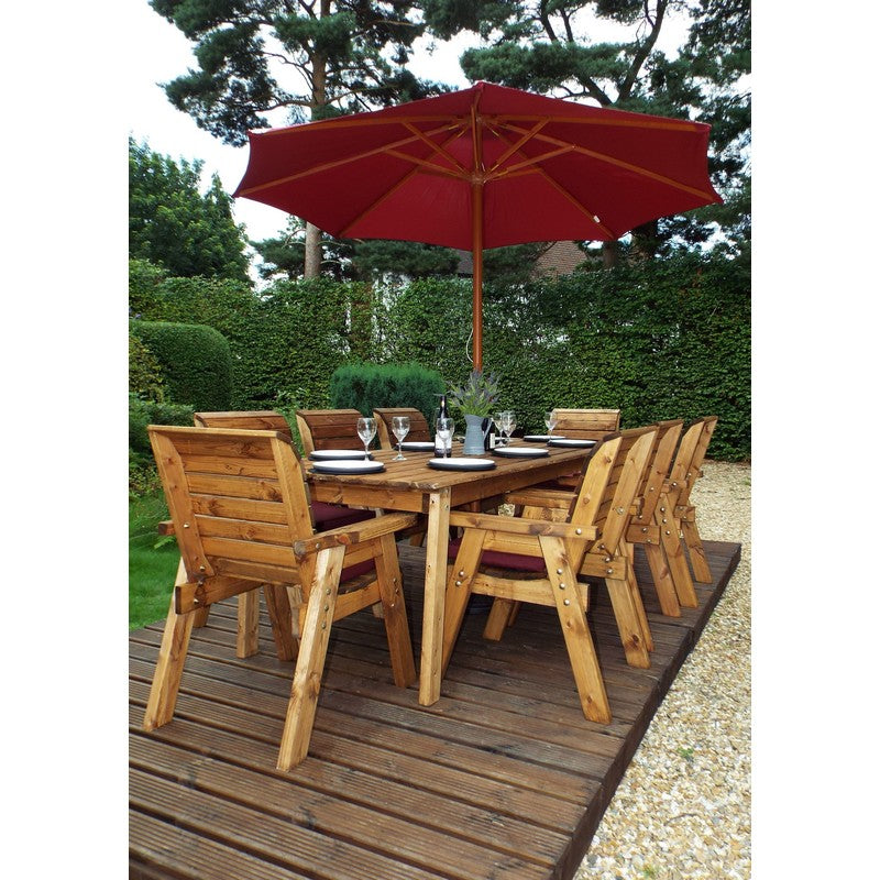 Scandinavian Redwood Garden Patio Dining Set by Charles Taylor - 8 Seats Burgundy Cushions - Croft Home & Garden