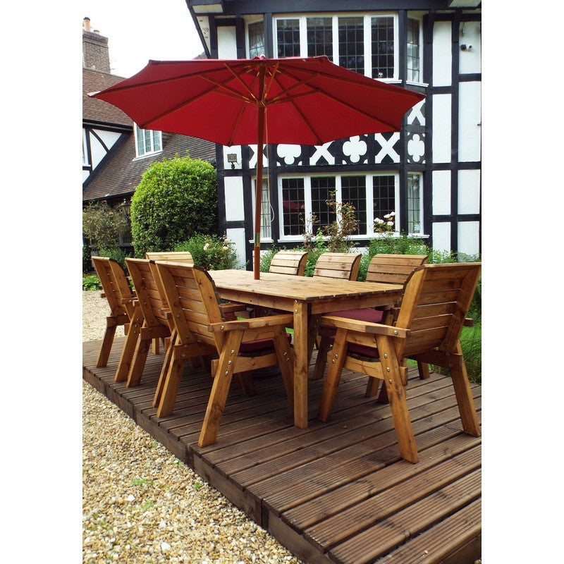 Scandinavian Redwood Garden Patio Dining Set by Charles Taylor - 8 Seats Burgundy Cushions - Croft Home & Garden