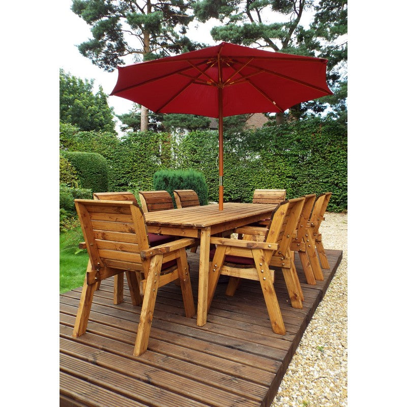 Scandinavian Redwood Garden Patio Dining Set by Charles Taylor - 8 Seats Burgundy Cushions - Croft Home & Garden