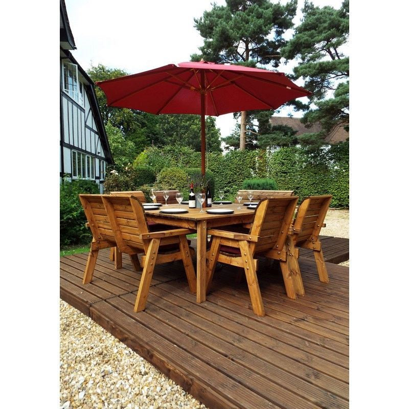 Scandinavian Redwood Garden Patio Dining Set by Charles Taylor - 8 Seats Burgundy Cushions - Croft Home & Garden