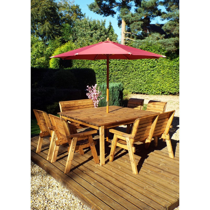 Scandinavian Redwood Garden Patio Dining Set by Charles Taylor - 8 Seats Burgundy Cushions - Croft Home & Garden